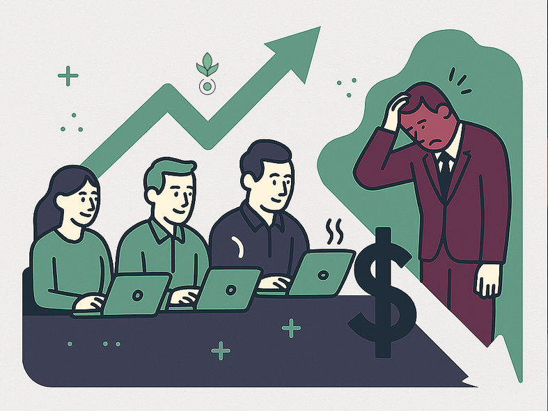 Illustration showing three office employees working quietly at laptops with an upward arrow in the background, while a concerned businessman stands to the side with a large dollar sign between them, set against a soft #F5F5F5 background using sage green, dark indigo, and refined plum tones.